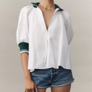 Maeve White Half-Zip Puff-Sleeve Sporty Henley Blouse-NWT
